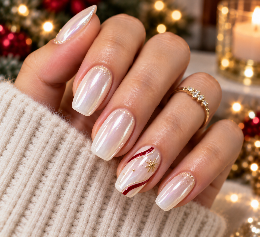 festive candy cane pearl manicure