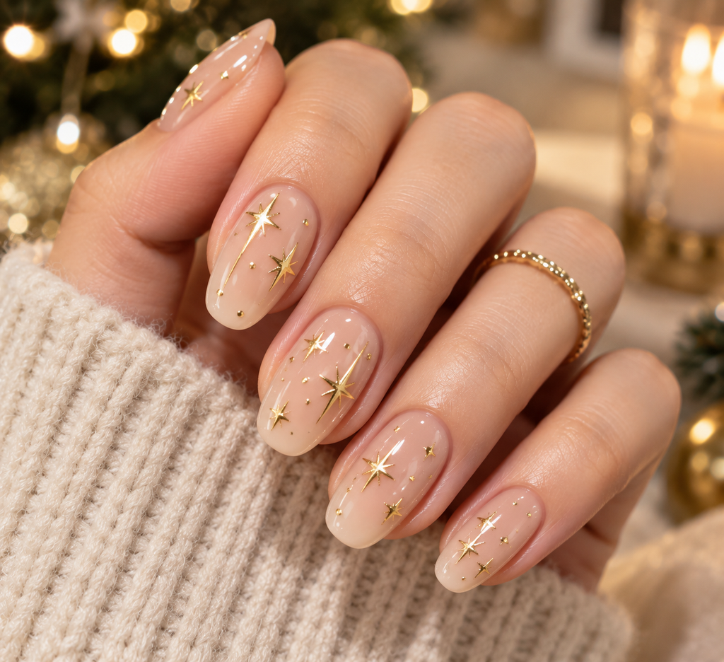 festive celestial gold star manicure