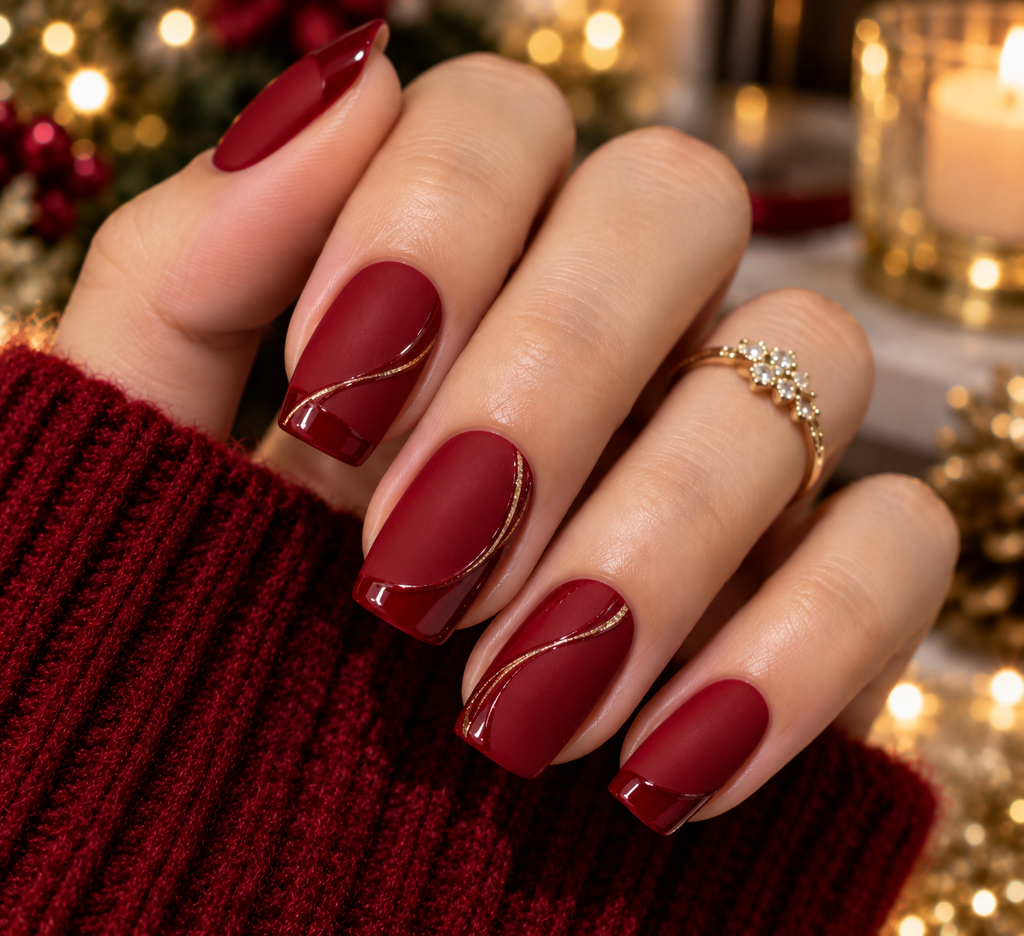 festive crimson and gold holiday nails
