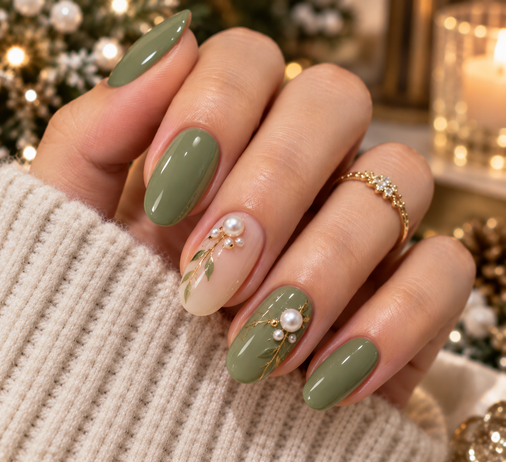 festive sage and gold pearl manicure
