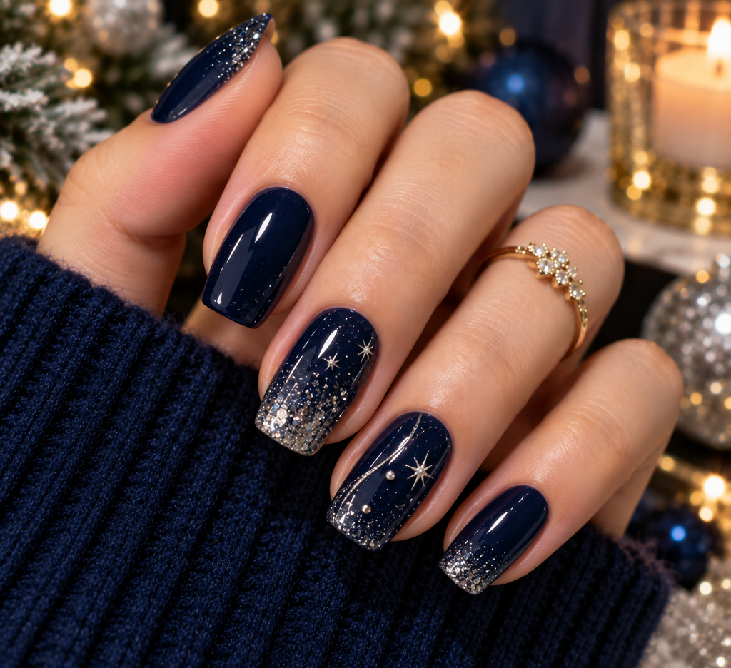 midnight starry winter manicure